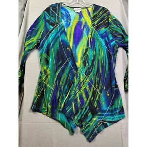 All Hours Women Large Abstract Print Open Front Cardigan Blue Green SharkbiteHem